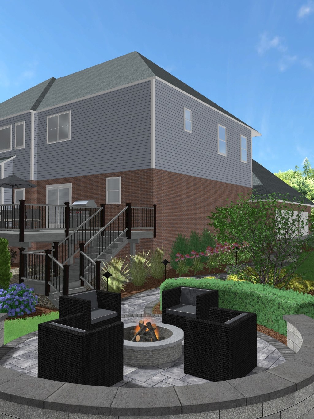 Animated image of the back landscape, including a firepit patio area, from a sample master plan.