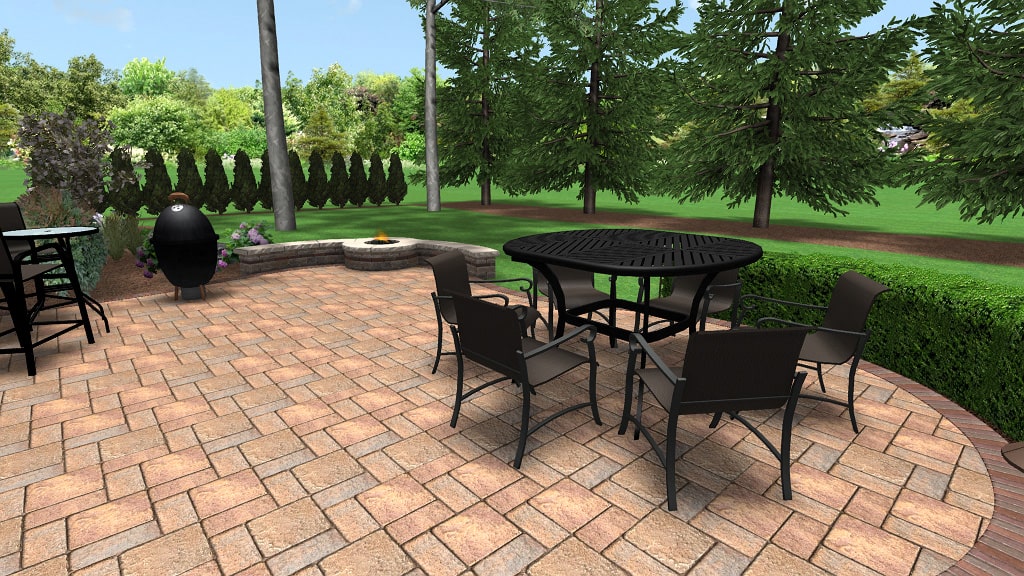 Animated image of a patio design from a master plan created by BladeRunners Landscaping.